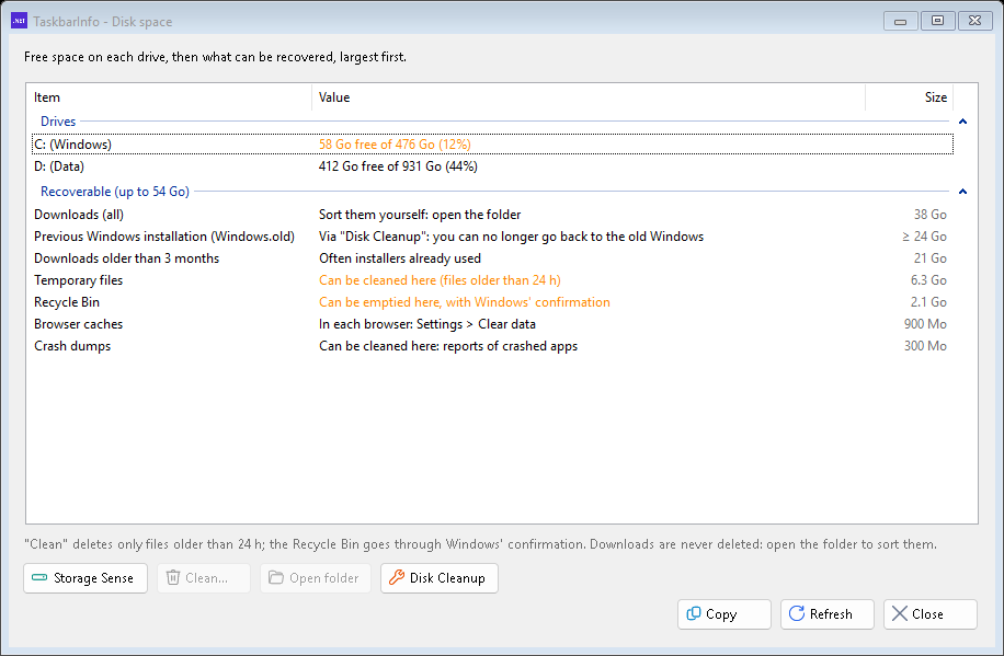 The Disk space window
