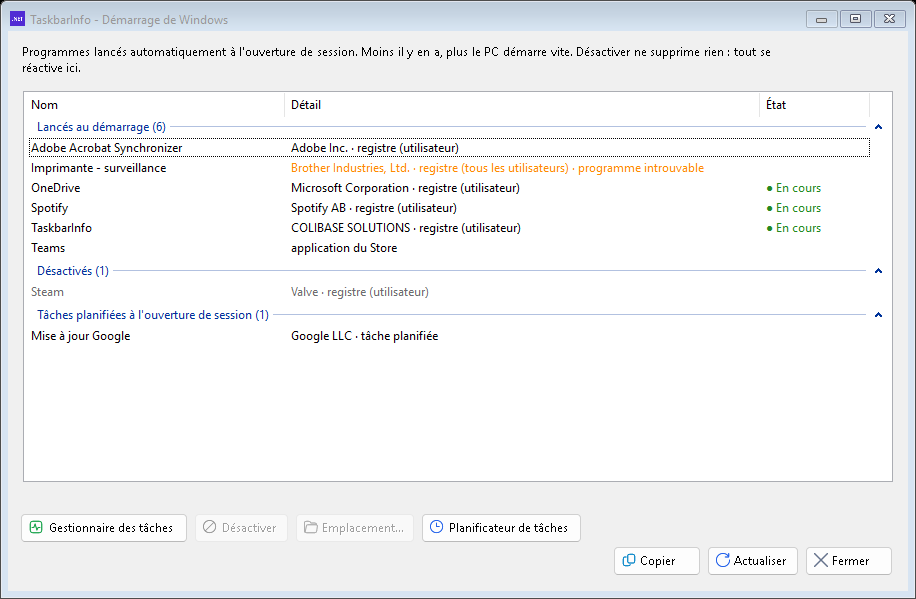 La fenêtre Démarrage de Windows