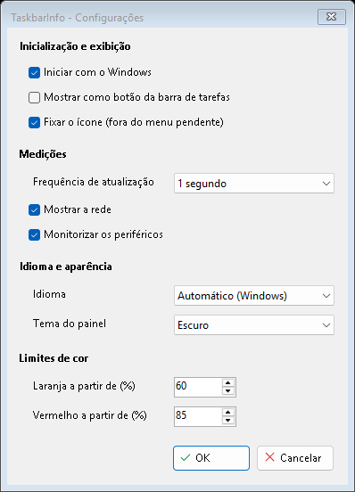 A janela Configurações