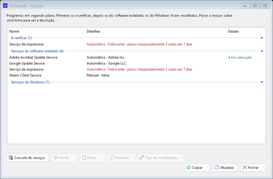 A janela Serviços