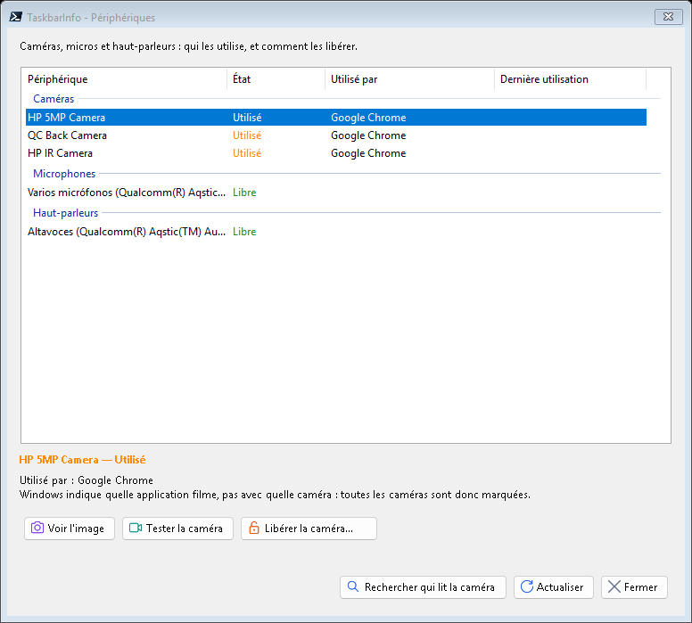 The TaskbarInfo Devices window